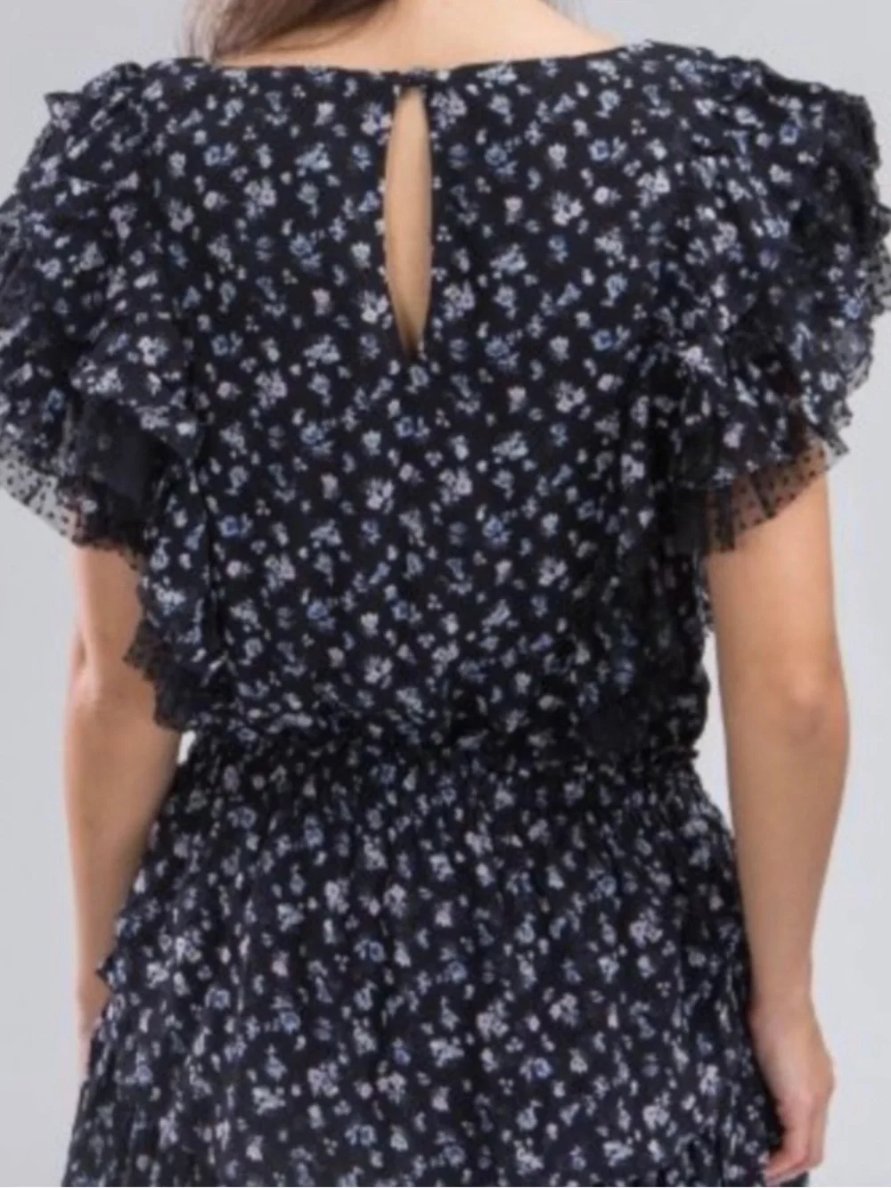 LoveShackFancy Katie 100% silk floral Mini dress Size Small Navy Chiffon Ruffle
